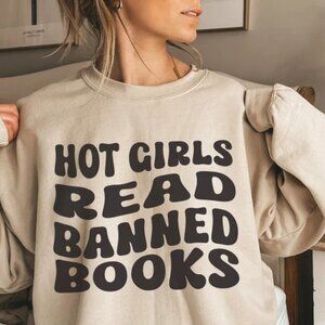 Hot Girls Read Banned Books NEW tan crewneck sweatshirt